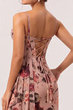 Dusty Rose Floral Corset Chiffon Long Ruched Bridesmaid Dress with Slit