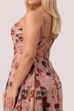 Dusty Rose Floral Corset Chiffon Long Ruched Bridesmaid Dress with Slit