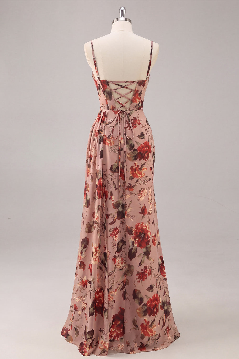 Dusty Rose Floral Corset Chiffon Long Ruched Bridesmaid Dress with Slit