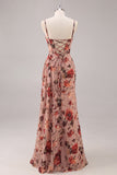 Dusty Rose Floral Corset Chiffon Long Ruched Bridesmaid Dress with Slit