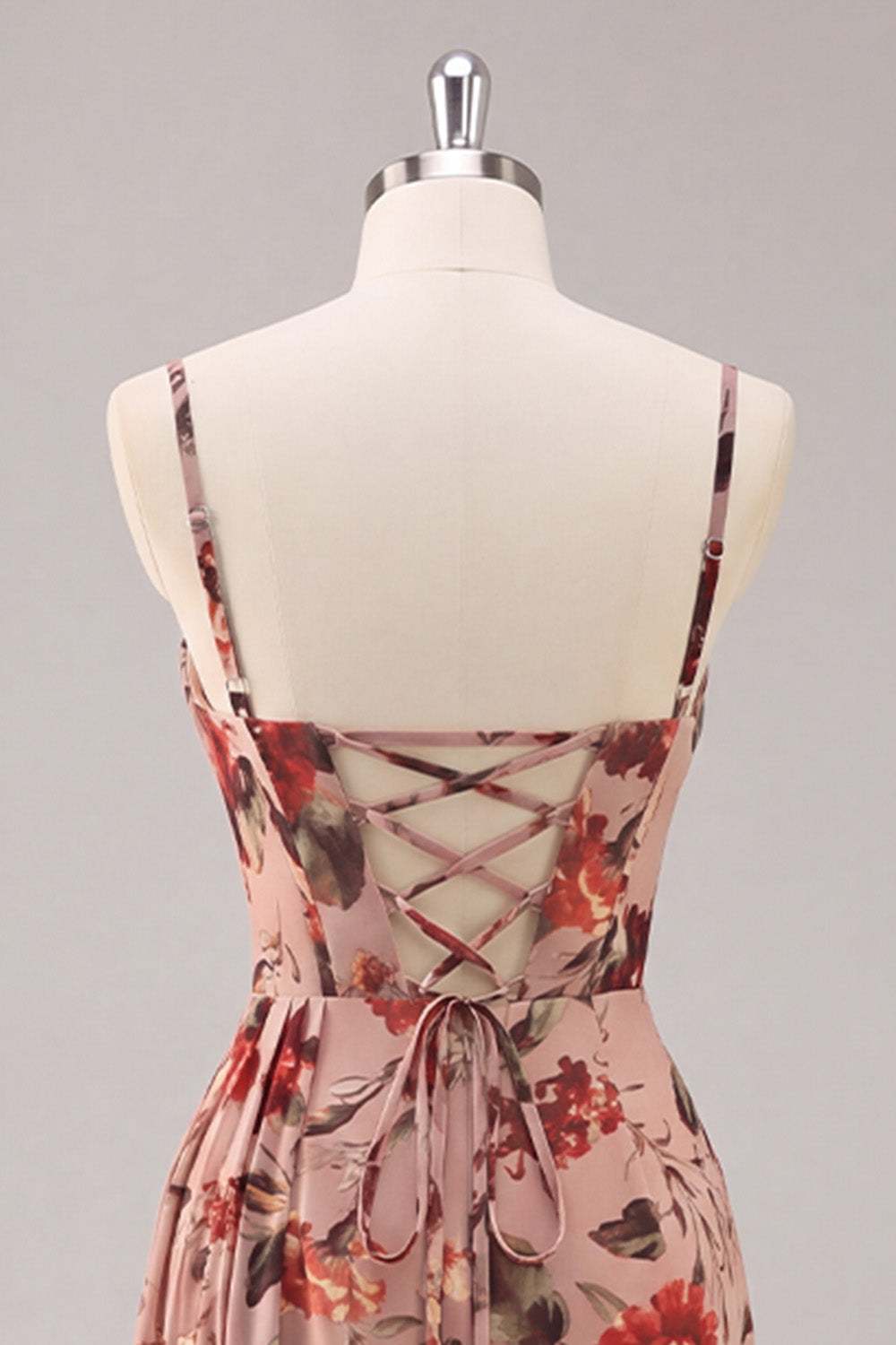 Dusty Rose Corset Chiffon Floral Ruched Bridesmaid Dress with Slit