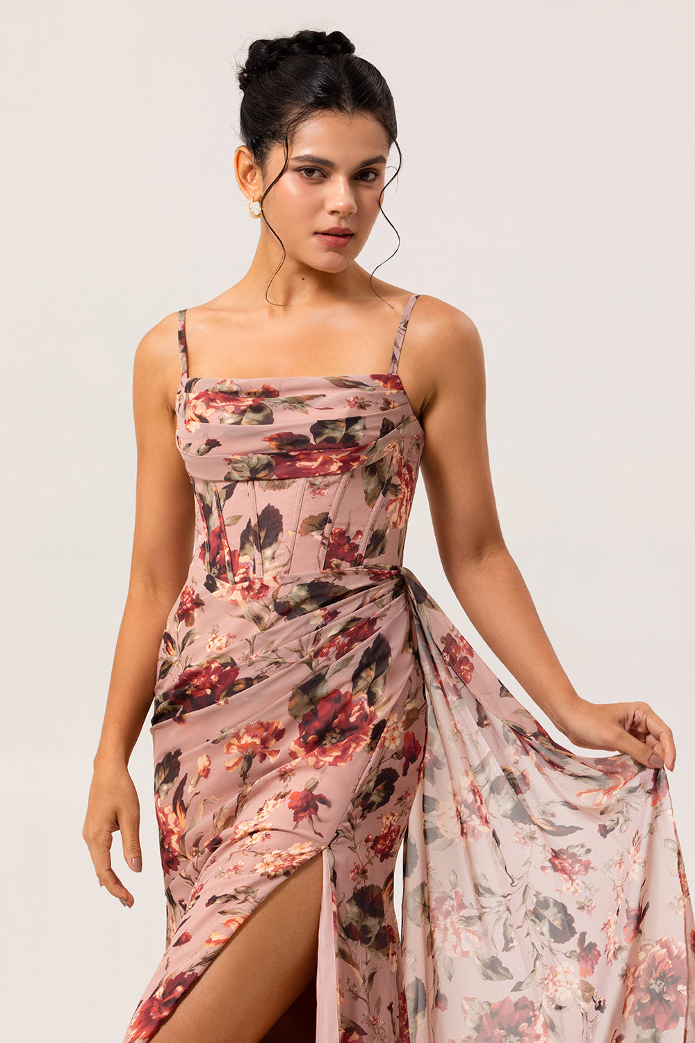 Zapaka Women Dusty Rose Floral Bridesmaid Dress with Side Streamer Ruched Corset Mermaid Spaghetti Straps Chiffon Long Wedding Guest Dress with Slit