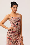 Dusty Rose Floral Corset Chiffon Long Ruched Bridesmaid Dress with Slit