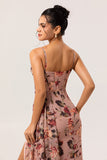 Dusty Rose Floral Corset Chiffon Long Ruched Bridesmaid Dress with Slit