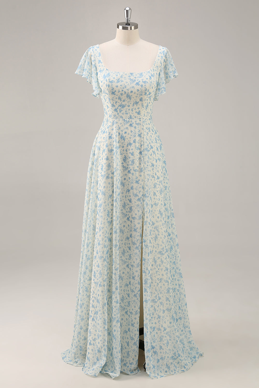 Zapakasa Women Blue Floral Long Bridesmaid Dress with Slit Scoop Neck