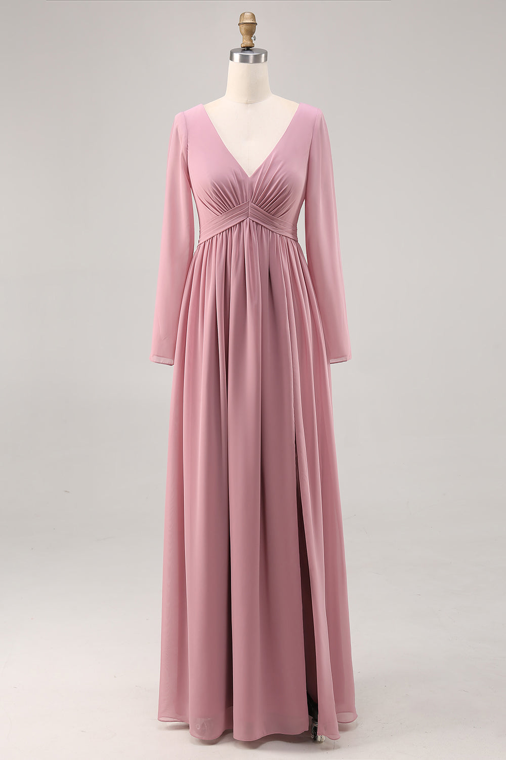 Zapakasa Women Simple Dusty Rose Chiffon Bridesmaid Dress with Slit Long Sleeves V-Neck A Line Ruched Wedding Guest Dress Zapakasa Women Simple Dusty Rose Chiffon Bridesmaid Dress with Slit Long Sleeves V-Neck A Line Ruched Wedding Guest Dress