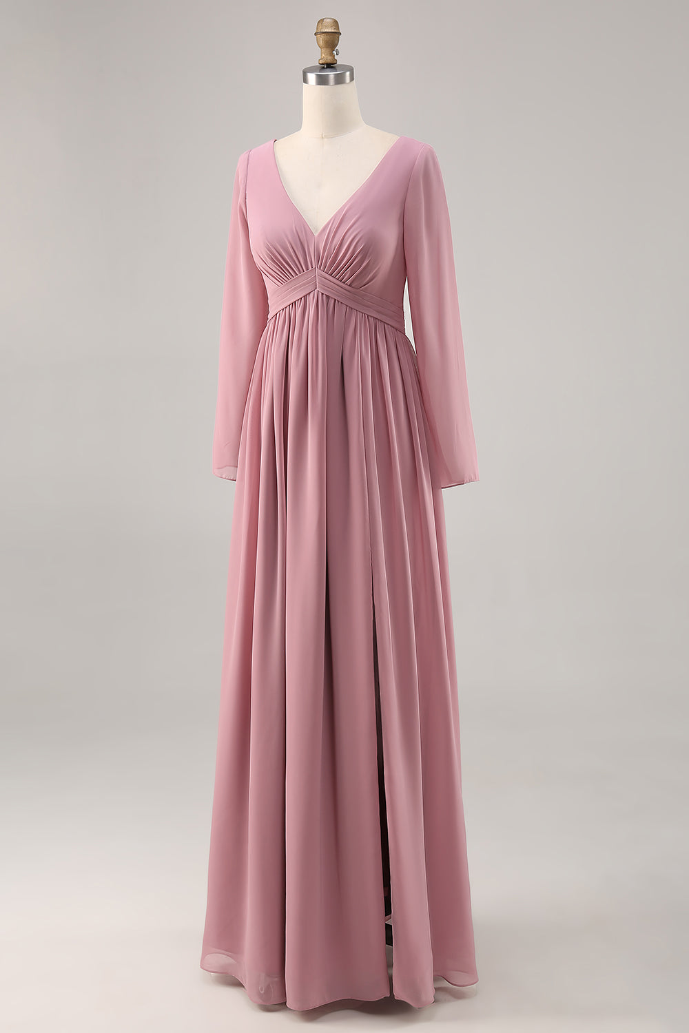 Zapakasa Women Simple Dusty Rose Chiffon Bridesmaid Dress with Slit Long Sleeves V-Neck A Line Ruched Wedding Guest Dress Zapakasa Women Simple Dusty Rose Chiffon Bridesmaid Dress with Slit Long Sleeves V-Neck A Line Ruched Wedding Guest Dress
