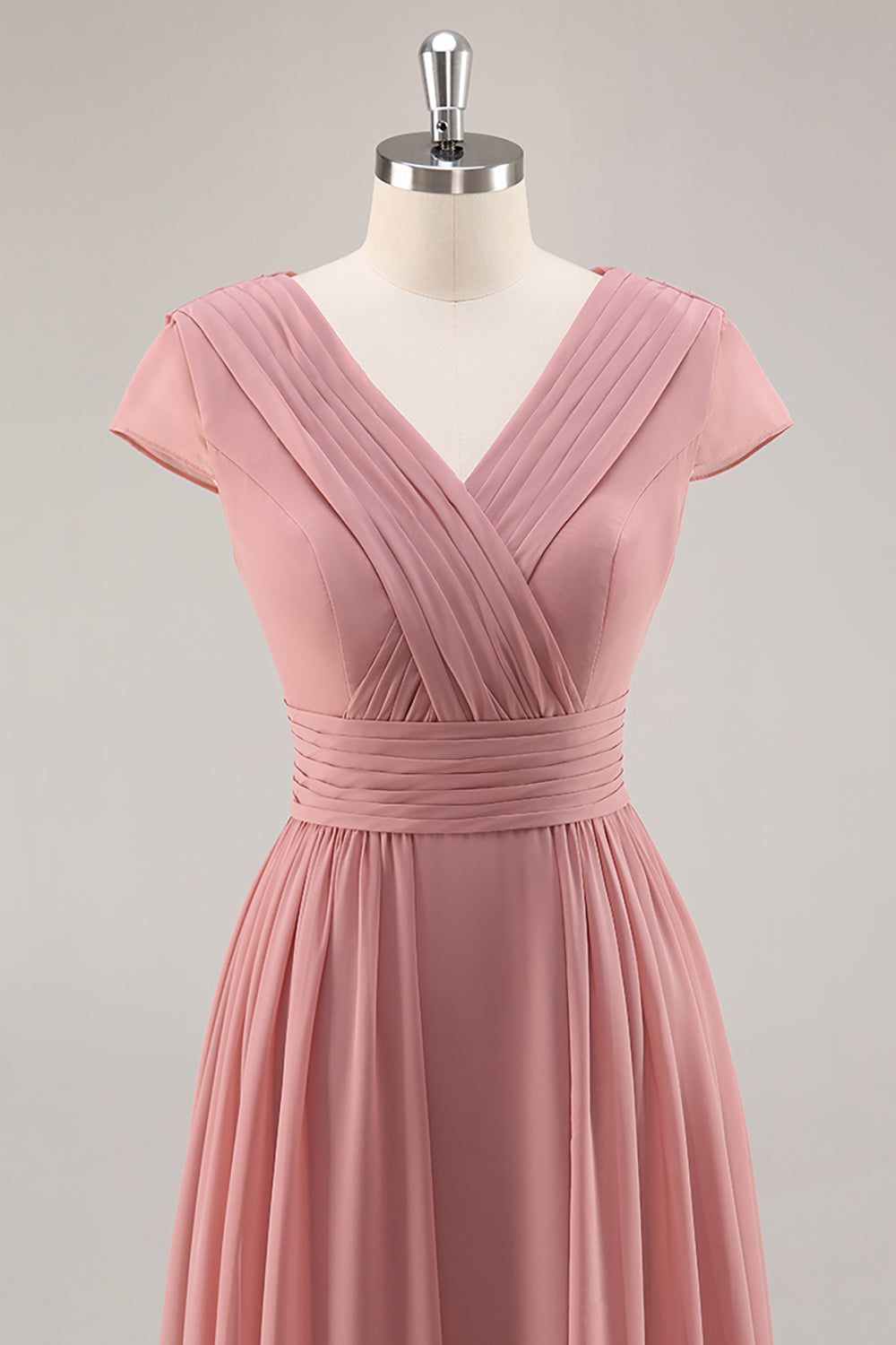 Zapaka Women Dusty Rose Bridesmaid Dress with Drape Ruched V-Neck A Line Chiffon Long Wedding Guest Dress with Sleeves, Dusty Rose / US8