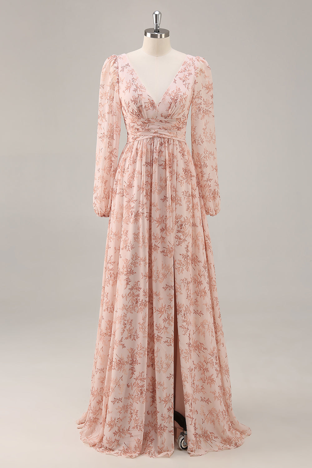 Zapakasa Women Pink Floral Long Sleeves Bridesmaid Dress with Slit