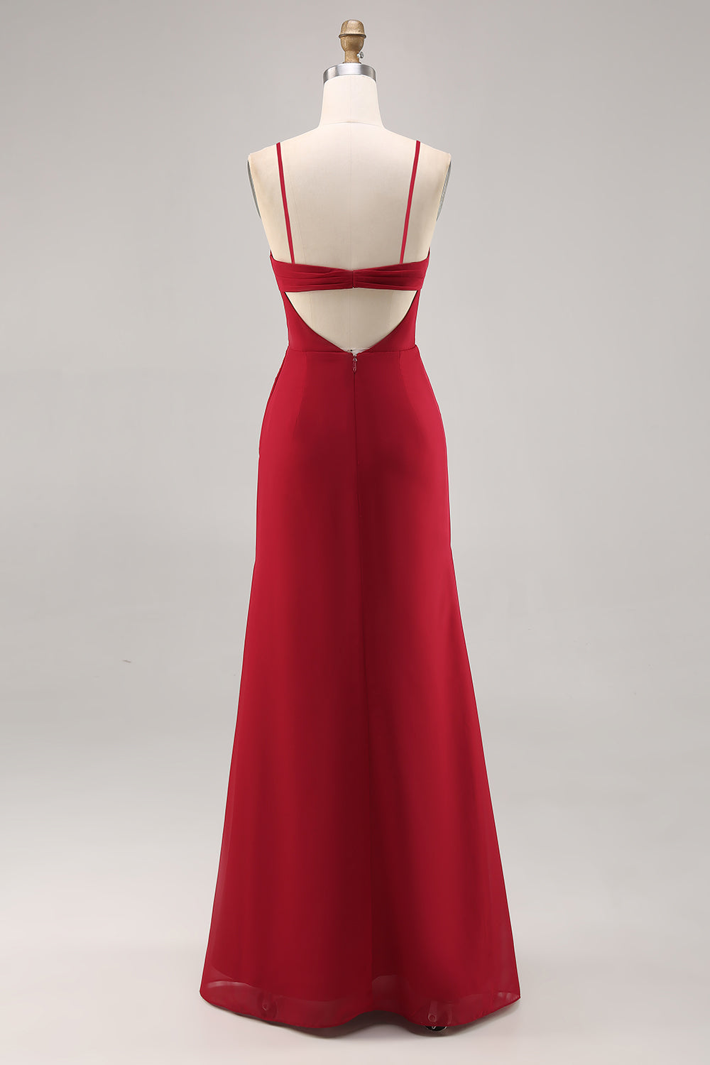 Zapaka Women Dark Red Bridesmaid Dress with Slit Ruched Spaghetti Straps Chiffon Mermaid Long Wedding Guest Dress, Chiffon color / US2