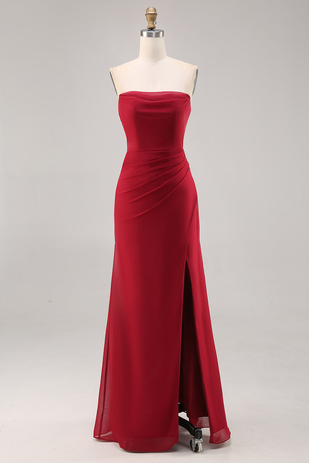 Zapaka Women Dark Red Bridesmaid Dress with Slit Ruched Spaghetti Straps Chiffon Mermaid Long Wedding Guest Dress, Chiffon color / US2