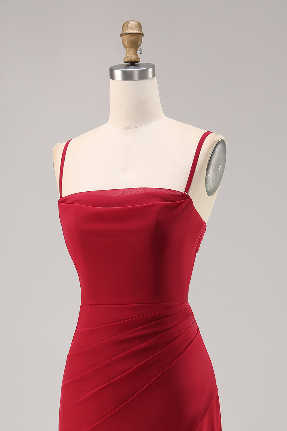 Zapakasa Women Dark Red Chiffon Long Bridesmaid Dress with Slit Ruched Spaghetti Straps Mermaid Backless Wedding Guest Dress Zapakasa Women Dark Red Chiffon Long Bridesmaid Dress with Slit Ruched Spaghetti Straps Mermaid Backless Wedding Guest Dress