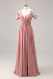 Dusty Rose Cold Shoulder Chiffon Long Bridesmaid Dress with Slit