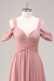 Dusty Rose Cold Shoulder Chiffon Long Bridesmaid Dress with Slit