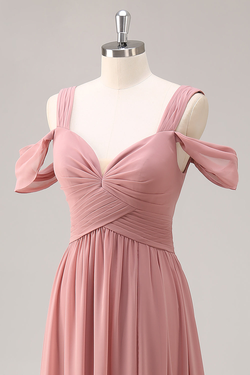 Dusty Rose Cold Shoulder Chiffon Long Bridesmaid Dress with Slit