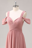 Dusty Rose Cold Shoulder Chiffon Long Bridesmaid Dress with Slit