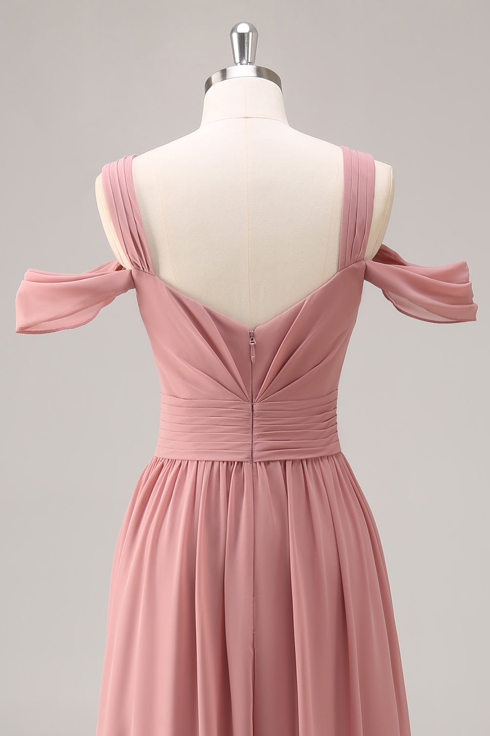 Dusty Rose Cold Shoulder Chiffon Long Bridesmaid Dress with Slit