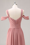Dusty Rose Cold Shoulder Chiffon Long Bridesmaid Dress with Slit
