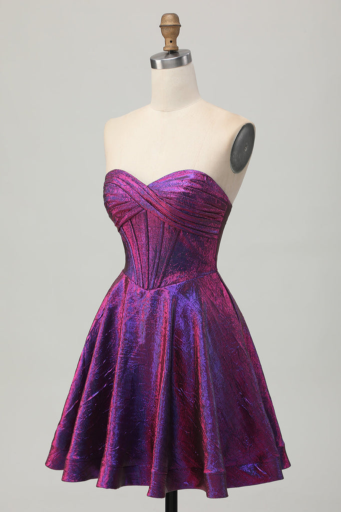 Zapakasa Women Metallic Dark Purple Corset Short Homecoming Dress with