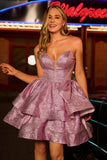 Light Purple Metallic Glitter Strapless Short Homecoming Dress with Bow