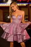 Light Purple Metallic Glitter Strapless Short Homecoming Dress with Bow