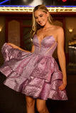 Light Purple Metallic Glitter Strapless Short Homecoming Dress with Bow