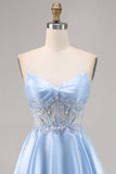 Sparkly Light Blue Satin Strapless Corset Short Homecoming Dress with Lace