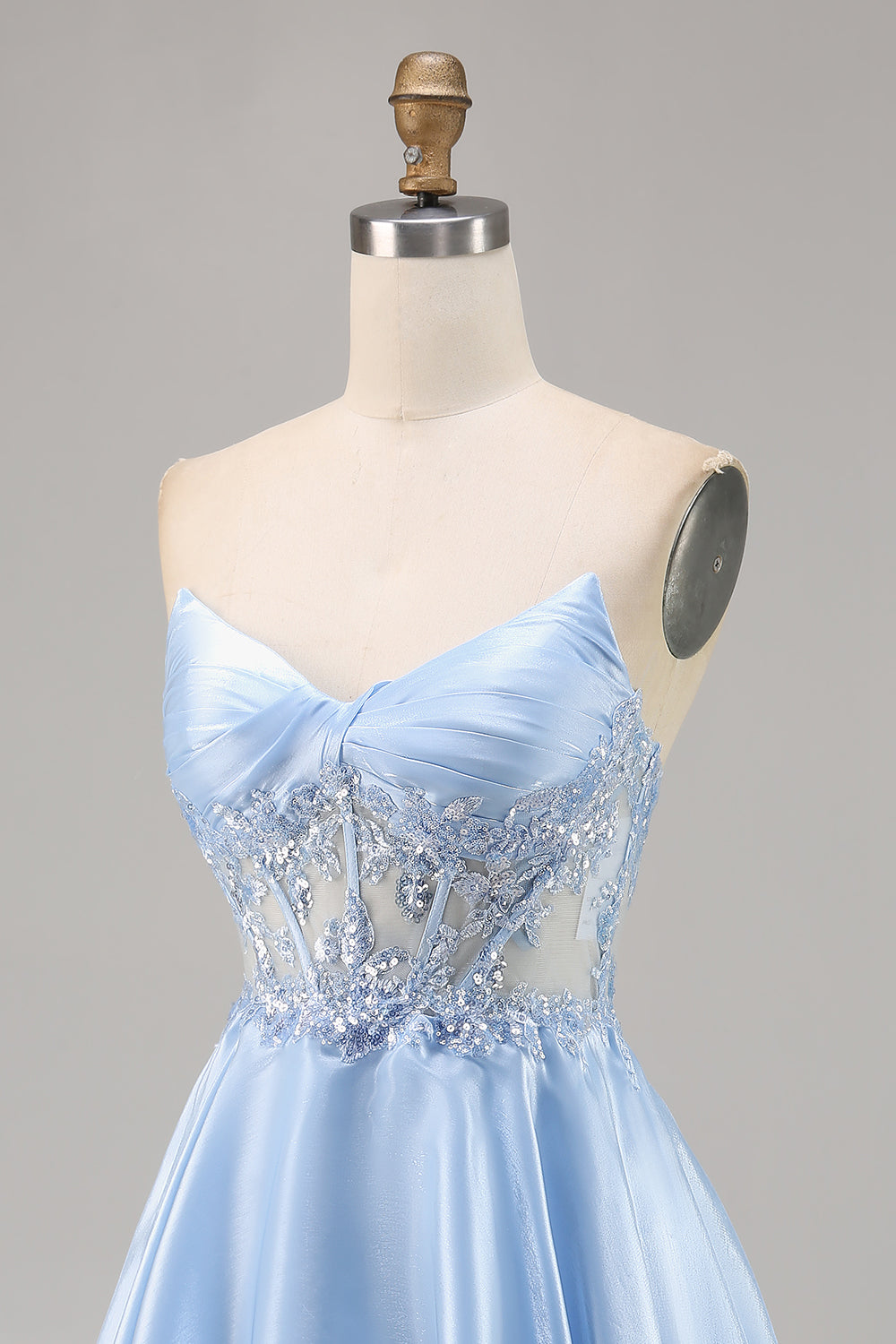 Sparkly Light Blue Satin Strapless Corset Short Homecoming Dress with Lace