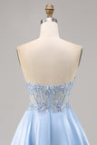 Sparkly Light Blue Satin Strapless Corset Short Homecoming Dress with Lace
