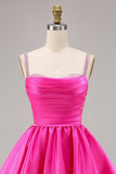 Sparkly Fuchsia Satin Ruched Short Homecoming Dress with Beading
