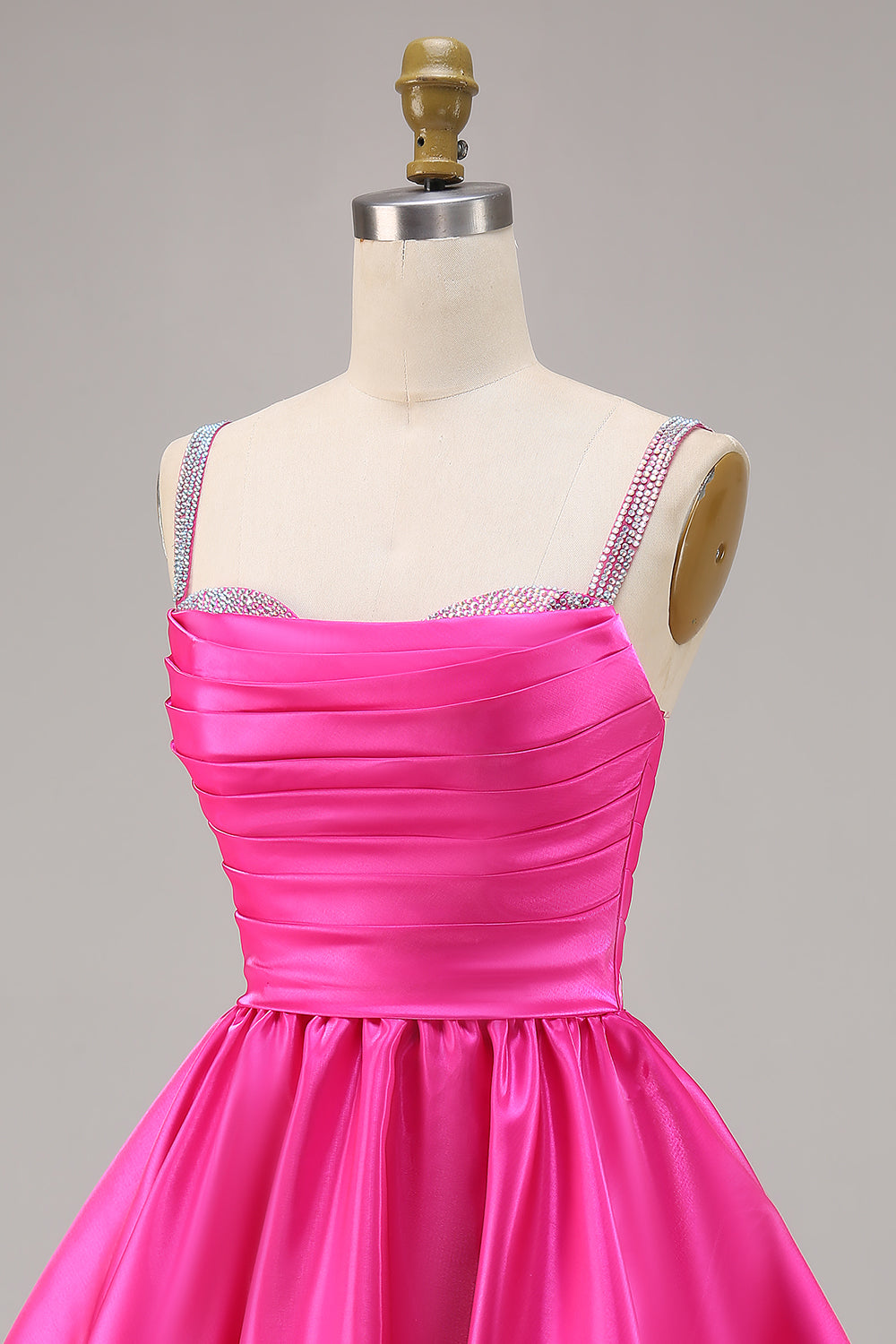 Sparkly Fuchsia Satin Ruched Short Homecoming Dress with Beading