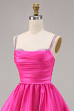 Sparkly Fuchsia Satin Ruched Short Homecoming Dress with Beading