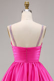 Sparkly Fuchsia Satin Ruched Short Homecoming Dress with Beading