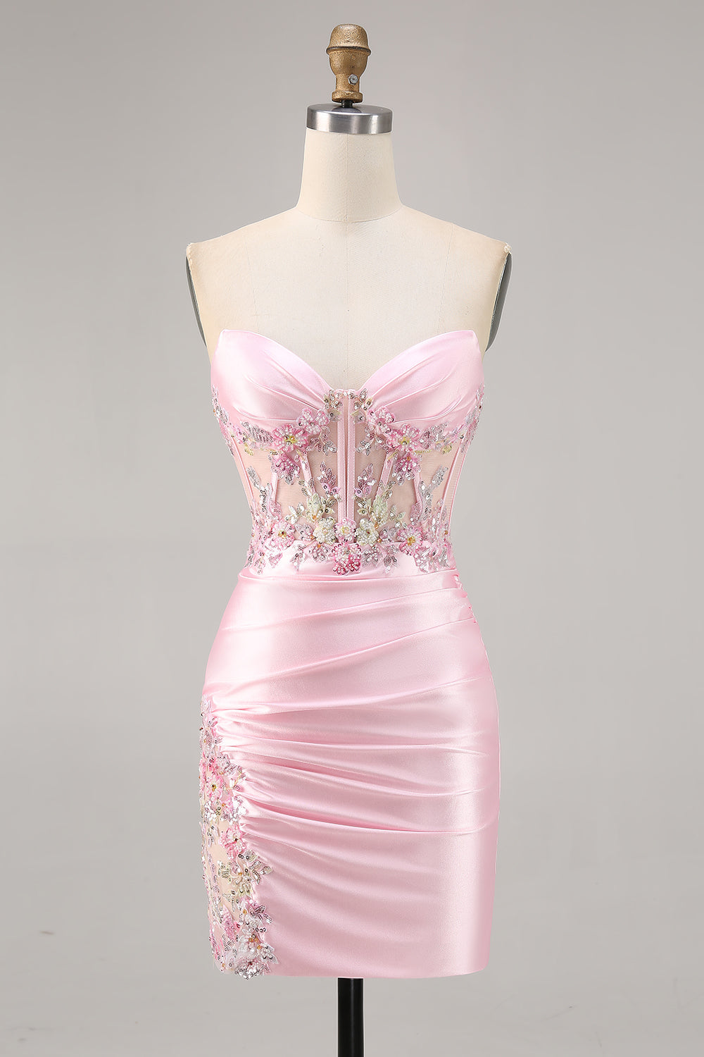 Zapakasa Women Sparkly Candy Pink Satin Floral Corset Short Homecoming Dress Strapless Bodycon Ruched Lace Up Back Cocktail Dress