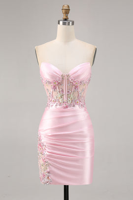 Zapakasa Women Sparkly Candy Pink Satin Floral Corset Short Homecoming