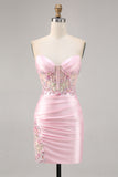 Zapakasa Women Sparkly Candy Pink Satin Floral Corset Short Homecoming Dress Strapless Bodycon Ruched Lace Up Back Cocktail Dress