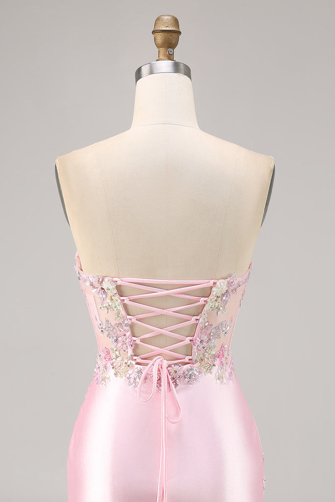 Lace-Up Back Corset-Inspired Satin A-Line Gown Candy Pink