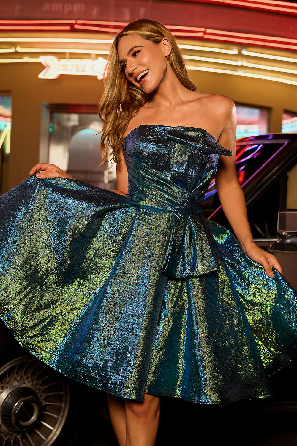 Sparkly Peacock Green Metallic Strapless Short Homecoming Dress