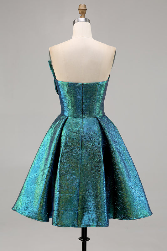 Sparkly Peacock Green Metallic Strapless Short Homecoming Dress