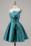 Sparkly Peacock Green Metallic Strapless Short Homecoming Dress