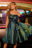 Sparkly Peacock Green Metallic Glitter Strapless Short Homecoming Dress