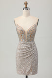 Sparkly Sliver Sequins Strapless Tight Short Homecoming Dress with Slit