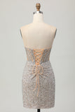 Sparkly Sliver Sequins Strapless Tight Short Homecoming Dress with Slit