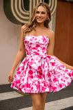 Floral Fuchsia A Line Strapless Short Homecoming Dress with Bow