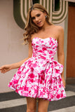 Floral Fuchsia A Line Strapless Short Homecoming Dress with Bow