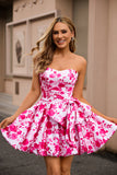 Floral Fuchsia A Line Strapless Short Homecoming Dress with Bow