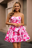Floral Fuchsia A Line Strapless Short Homecoming Dress with Bow