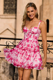 Fuchsia Floral Corset Chiffon A Line Short Homecoming Dress