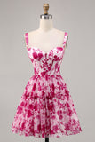 Fuchsia Floral Corset Chiffon A Line Short Homecoming Dress