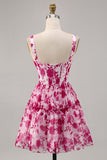 Fuchsia Floral Corset Chiffon A Line Short Homecoming Dress
